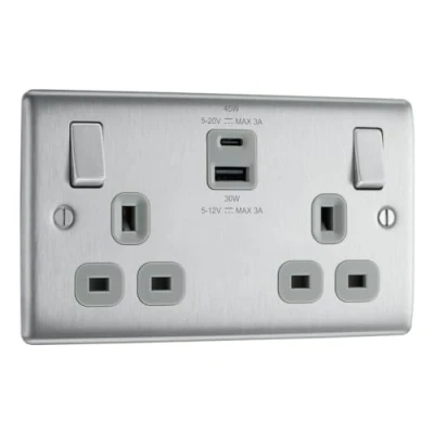 Image of BG Nexus Metal Brushed Steel, 13A Double Switched Socket with USB A + C 45W, Grey Inserts