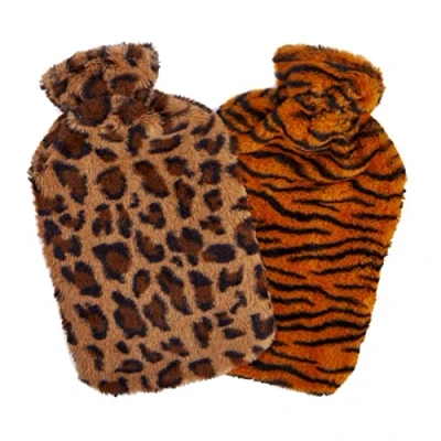 Image of 2 x Hot Water Bottles with Soft Faur Fur Fleece Cover Natural Rubber Litre Capacity (Leopard/Tiger Skin Designs)