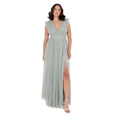 Image of Anaya with Love Women&#039;s Maxi Dress Ladies V Neck Short Sleeve Split Tulle A line for Wedding Guest Bridesmaid Evening Occasion Ball Gown, Frosty Green 10
