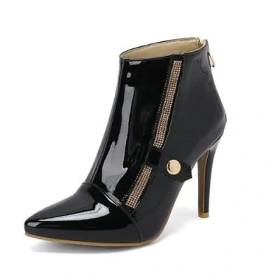 Image of HXTYXCQ Women&#039;s Patent Leather Ankle Boots with Side Zipper Pointed Toe Chelsea Rhinestone Stiletto High Heel Short Boots,Black,5 UK