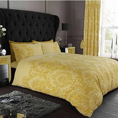 Image of GC GAVENO CAVAILIA Soft &amp; Cosy Empire Damask Floral Duvet Cover, Luxury Reversible Printed Easy Care Polycotton Bedding Set, Double, Ochre