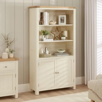 Image of Marbury Cream Painted Tall Wide Bookcase with 2 Door Cupboard Adjustable Shelves, Solid Oak Top, Premium Craftsmanship, 20 Year Guarantee, Fully Assembled H 1800 x W 1000 D 360mm