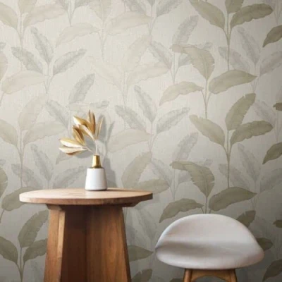 Image of SOPHIE LAURENCE Beige Gold Tropical Amara Palm Leaf Design Wallpaper Size 10 X 0.53 M Add an Extra Touch of Glamour and Luxury to Walls
