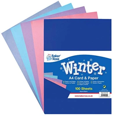 Image of Baker Ross AX393 A4 Winter Colours Card and Paper Pack of 100, Value Creative Art Supplies for Kids, Christmas Crafts Decorations.