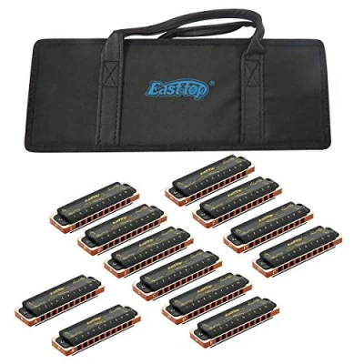 Image of East top Blues Diatonic harmonica Set with 12 Keys, 10 Holes Mouth Organ Bag for Adults, Professionals, Beginners and Students, as Gift