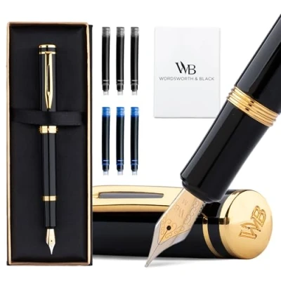 Image of Wordsworth and Black Fountain Pen Mini EDC: Luxury Heavy Pocket Pen, Gold Finish, Medium Nib, 6 Ink Cartridges, Converter, Travel Refillable Writing Gift Set, Men &amp; Women