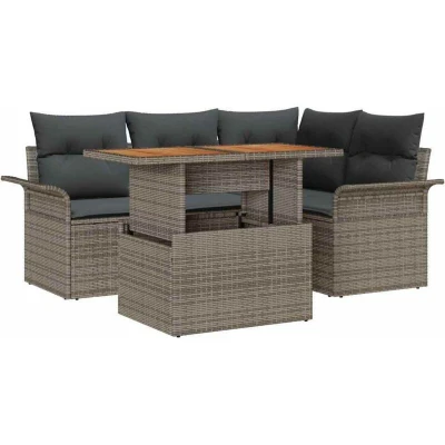 Image of vidaXL 5 Piece Garden Dining Set with Cushions Grey Poly Rattan Acacia