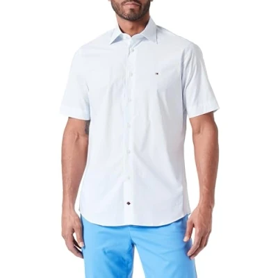 Image of Tommy Hilfiger Men Short Sleeve Shirt, Blue (Optic White/Light Blue), 39