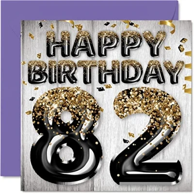 Image of 82nd Birthday Card for Men Black &amp; Gold Glitter Balloons Happy Cards 82 Year Old Man Dad Great Grandad Grandpa Gran, 145mm x Eighty Two Second Bday Greeting Gift