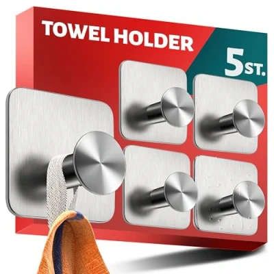 Image of Menz 5 no Drill self Adhesive Hooks Stainless Steel Stick on Hooks, Modern Sticky for Hanging Towels, bathrooms