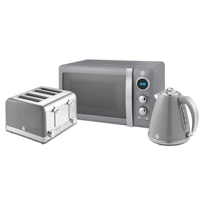 Image of Swan Retro Kitchen Set, 1.5L Fast Boil Kettle &amp; 4 Slice Toaster 20L Digital Microwave, Grey, SK19020GRN, ST19020GRN, SM22030LGRN