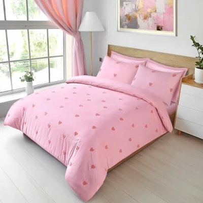 Image of LYMA Bedding Duvet Cover Set Double Heart Tufted, OEKO TEX Certified, Ultra Soft NanoPlush Brushed Quick Dry Fabric Button Closure Wrinkle Fade Resistant Quilt &amp; Pillowcases (Light Pink)