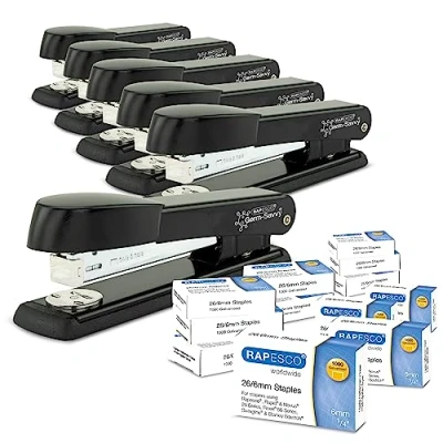 Image of Rapesco 1733 Business Pack: 6 Germ Savvy Antibacterial Marlin Staplers, 25 Sheet Capacity, and 12 Boxes of 1000 26/6 mm Staples, Black
