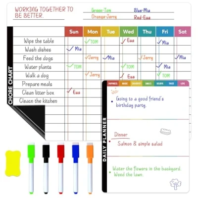 Image of Magnetic Chores Chart Kids and Family Reusable Reward Charts for Children Good Behaviour Whiteboard Calendar Summer Holiday Weekly Planner Fridge Home Kitchen