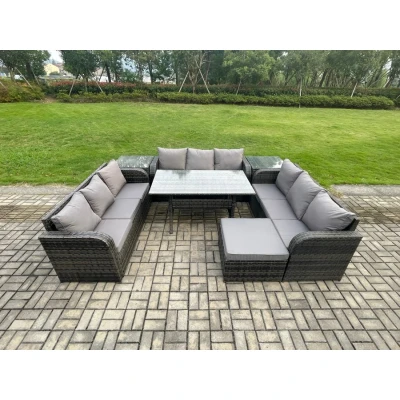 Image of Patio Rattan Garden Furniture Set with Oblong Rectangular Dining Table Big Footstool 2 Side Tables 10 Seater Outdoor Lounge Sofa Dark Grey Mixed