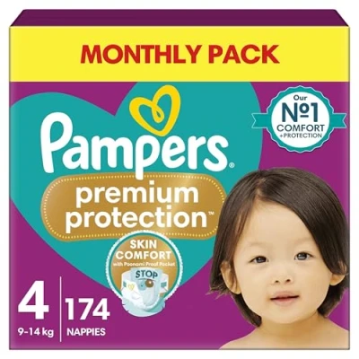 Image of Pampers Premium Protection Size 4, 174 Nappies, 9kg 14kg, Monthly Pack, Double for skin and against leaks