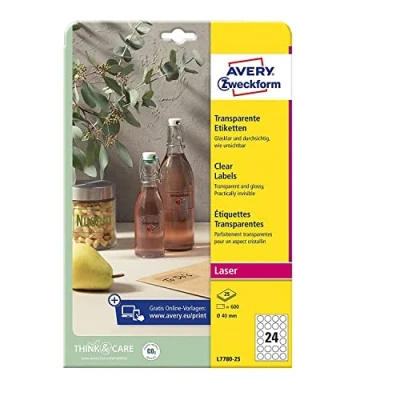 Image of AVERY Zweckform L7787 25 Clear Round Labels (300 Sticky Dots, Diameter 60 mm on A4, Stickers for Printing, Self Adhesive, Weatherproof, Labels/Product Stickers) Sheets,