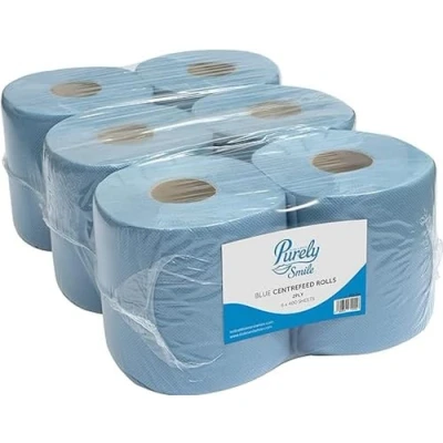 Image of Blake &amp; White PS1214 Purely Smile Centrefeed Rolls 2Ply 400 Sheet Blue Pack of 6