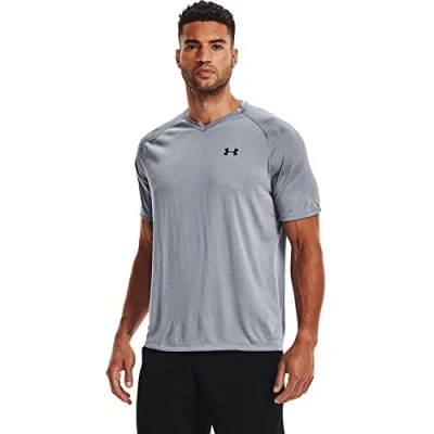 Image of Under Armour Men&#039;s Tech 2.0 V Neck Short Sleeve T Shirt, Steel (035)/Black, Small