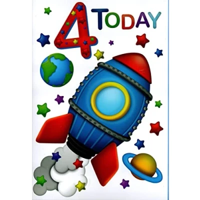 Image of Happy 4th Birthday Card Four Today Rocket Stars Earth Saturn Planets Space For Him Male Boy