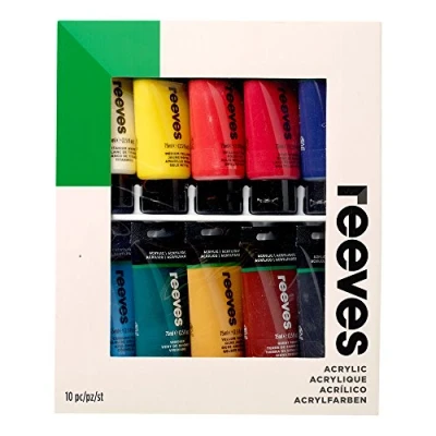 Image of Reeves Acrylic Paint Set Highly Pigmented Colours Water Based Colour Paints for Artists Art Supplies Adults &amp; Kids Suitable Canvas, Fabric, Metal More 10 x 75ml Pack