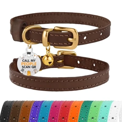 Image of BRONZEDOG Leather Cat Collar with Bells Non Breakaway Kitten QR Tag for Girl Boy (18 22 cm, Dark Brown &amp; Gold)