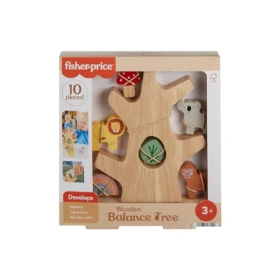 Image of Fisher Price Preschool Toy Wooden Balance Tree, 10 Wood Pieces for Stacking Developmental Play Kids Ages 3+ Years, HXT87