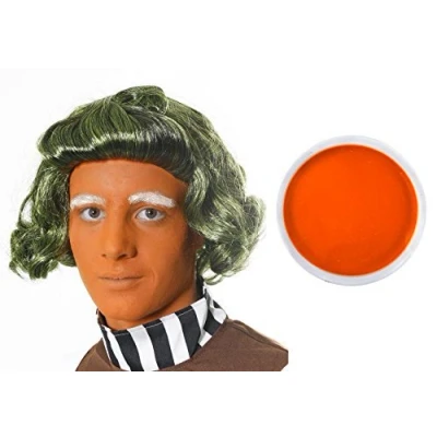 Image of I LOVE FANCY DRESS LTD GREEN WIG + ORANGE 16ML FACE PAINT MAKE UP SPONGE IDEAL FOR LUMPA LUMPA,OOMPA LOOMPA,