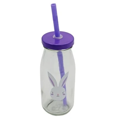 Image of Widdle Gifts Glass Easter Milk Bottle and Re useable Plastic Straw with Bunny Design (Purple)