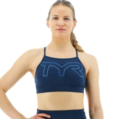 Image of TYR Women&#039;s High Neck Performance Sports Bra, Dark Blue, Small