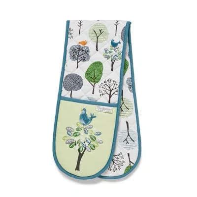 Image of Cooksmart Double Oven Gloves Heat Resistant British Designed Modern Mitt &amp; Potholder for Home Cooking Maximum Protection Kitchen Forest Birds