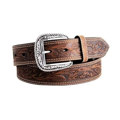 Image of ARIAT Men&#039;s Floral Stamped Leather Belt, Medium Brown, 42