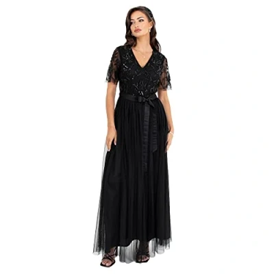 Image of Maya Deluxe Women&#039;s Maxi Dress Ladies Ball Gown for Wedding Guest Embellished Tie Waist V Neck Bridesmaid Prom Evening Occasion, Black, 20