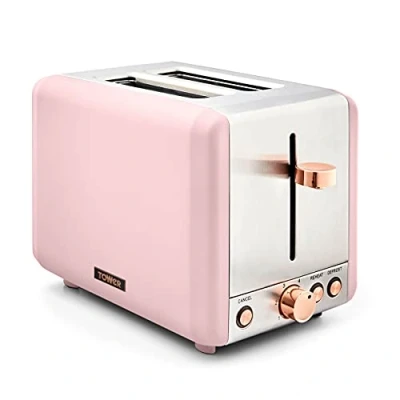 Image of Tower T20036PNK Cavaletto 2 Slice Toaster with Defrost/Reheat, Stainless Steel, 850 W, Marshmallow Pink and Rose Gold