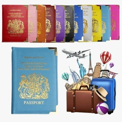 Image of AlezyB British Passport Holder, Portable Wallet Case Organiser for Men, Women, PU Leather Cover Travel, Business Cards, Credit Cards and Boarding Passes (Sky Blue)