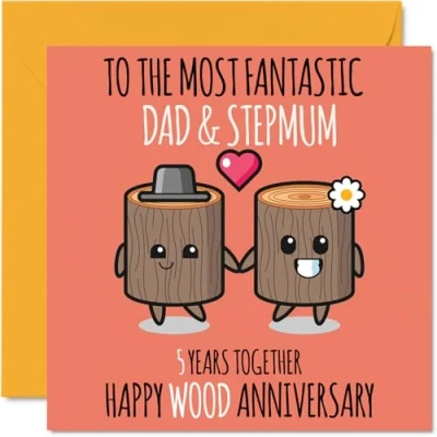Image of Cute Wooden Anniversary Card for Dad &amp; Step Mum 5 Years Together Happy 5th Wedding Cards Dad, 145mm x Greeting Fifth Anniversaries