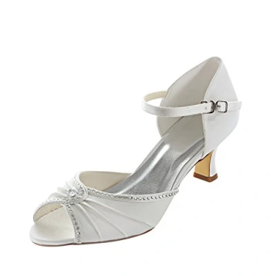 Image of Emily Bridal Wedding Shoes Women&#039;s Satin Spool Heel Peep Toe Pumps with Rhinestone (EU40/UK7, Ivory)