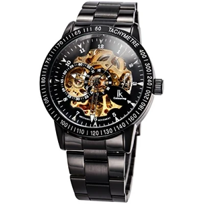 Image of Alienwork IK Automatic Watch Men Women Black Stainless Steel Metal Strap Skeleton Glass Bottom