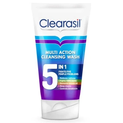 Image of Clearasil Face Wash, 5 In 1, 150ml, Acne Salicylic Acid Cleanser, Blackheads, Anti Redness, Clears Skin, Reduces Pimples, Spot Treatments, Skin Care