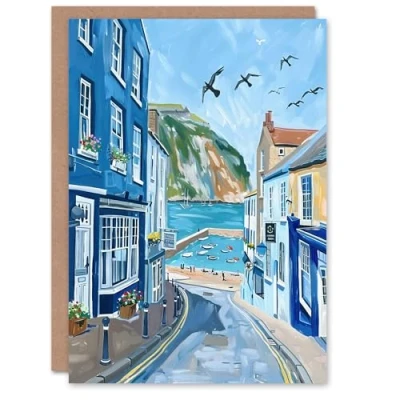 Image of Artery8 Greeting Card West Bay Dorset England Sunny Day Painting Blank For Him Or Her Art Birthday