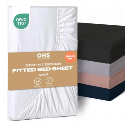 Image of Brentfords King Size Fitted Sheets Deep Fit, Microfibre Bedsheet Easy Care Ultra Soft Fade Resistant Kingsize Sheet White Bedding Cover Bed Linen