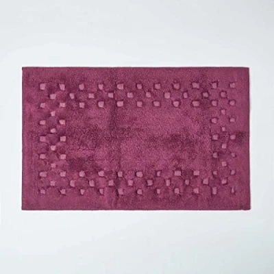 Image of HOMESCAPES Check Border Bathmat Rug, Aubergine, Soft 100% Cotton 1200 GSM, Washable At Home, Non Slip Spray Backing