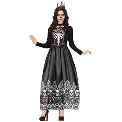 Image of FIESTAS GUIRCA Royal Skeleton Halloween Costume Adult Women Black Day Of The Dead Dress Adults Fancy Costumes Size L 14 16