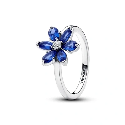 Image of Pandora Timeless Herbarium cluster sterling silver ring with princess blue crystal and clear cubic zirconia, 58