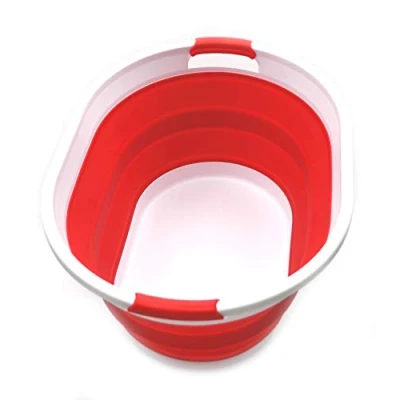 Image of SAMMART 28l Collapsible Plastic Laundry Basket Oval Tub/Basket Foldable Storage Container/Organizer Portable Washing Tub Space Saving Hamper, Water capacity 22L (Red)