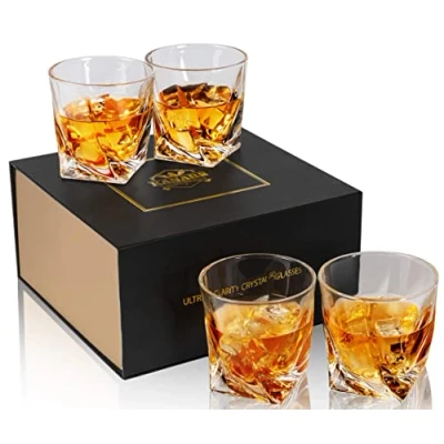 Image of KANARS Whiskey Glass Set, No Lead Crystal Whisky Glasses 300 ml for Cocktail, Cognac, Bourbon, Tequila, Martini, Unique Stylish Gift Box, 4 Piece