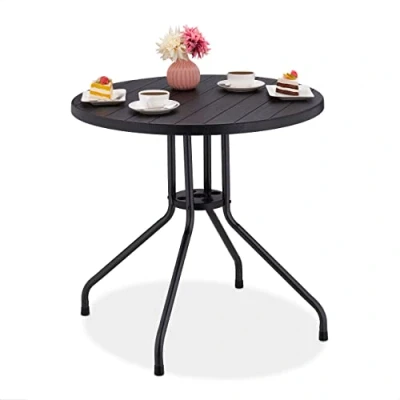 Image of Garden Table, HxWxD: 39x98x48 cm, Wooden look Balcony, Plastic, Metal, Round, Patio, Black Relaxdays