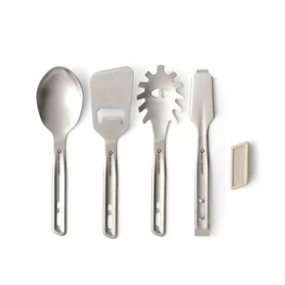 Image of SEA TO SUMMIT Detour Stainless Steel Utensil Set 5 Piece Serving Spoon + Slotted Tongs Spatula Silicone Keeper BPA Free High Grade Camping Cutlery 580g