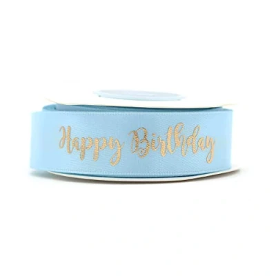 Image of Blue Ribbon with Gold Writing Happy Birthday Decoration (Blue) …