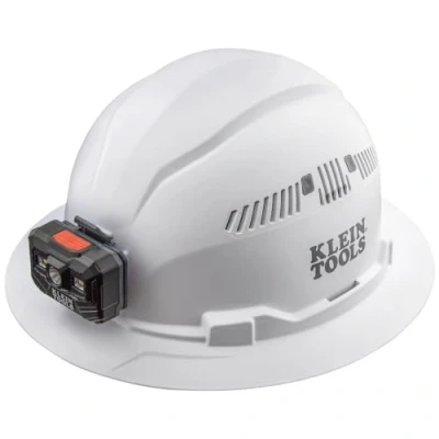 Image of Klein Tools 60407RL Hard Hat, Rechargeable Headlamp, Vented, Full Brim Style, Padded Self Wicking Odor Resistant Sweatband, White
